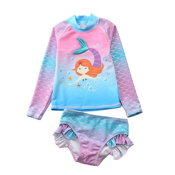 Uccdo Toddler Girls Rashguard Two Pieces Swimsuit Set Kids Cartoon Long Sleeve Bathing Suits Swimwear 1-10T