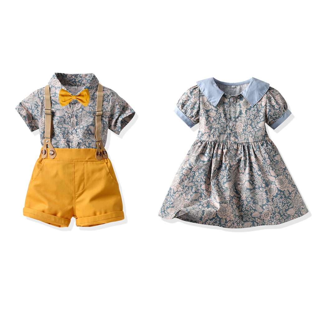 Brother Sister Matching Outfits - Floral Print Dress & Hawaiian Shirt Sets For Babies & Kids