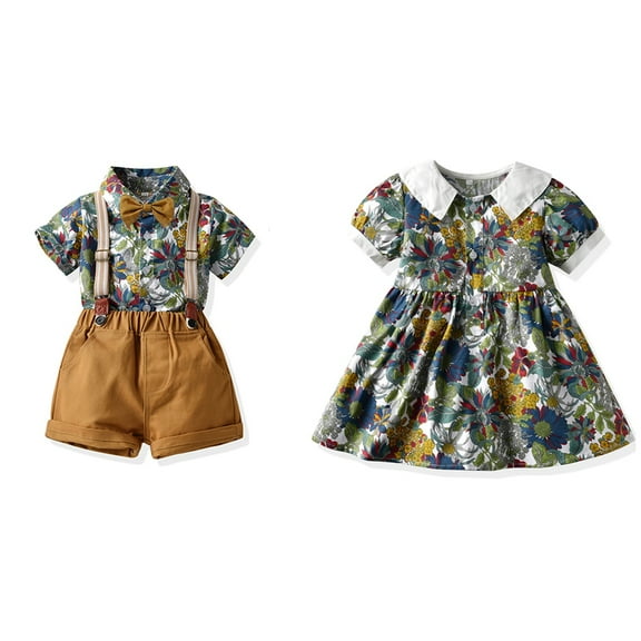 Uccdo Toddler Kids Brother and Sister Matching Outfits Set Girls Casual Short Sleeve Button Down Dresses, Size 6M-6T