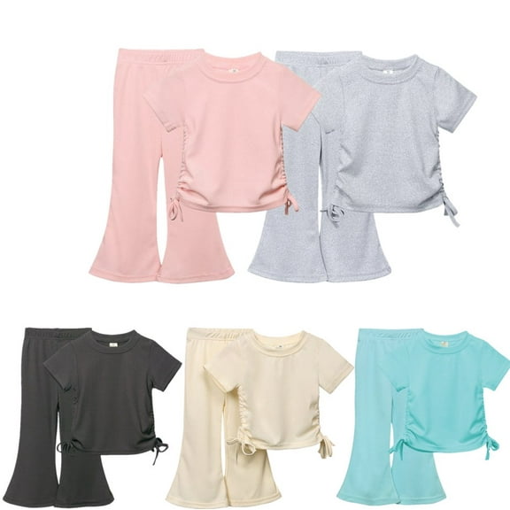 Uccdo Toddler Little Girls Short Sleeve Drawstring Crop Tee Top   Flare Leg Pants Kids 2PCS Summer Clothing Set, 1-10 Years