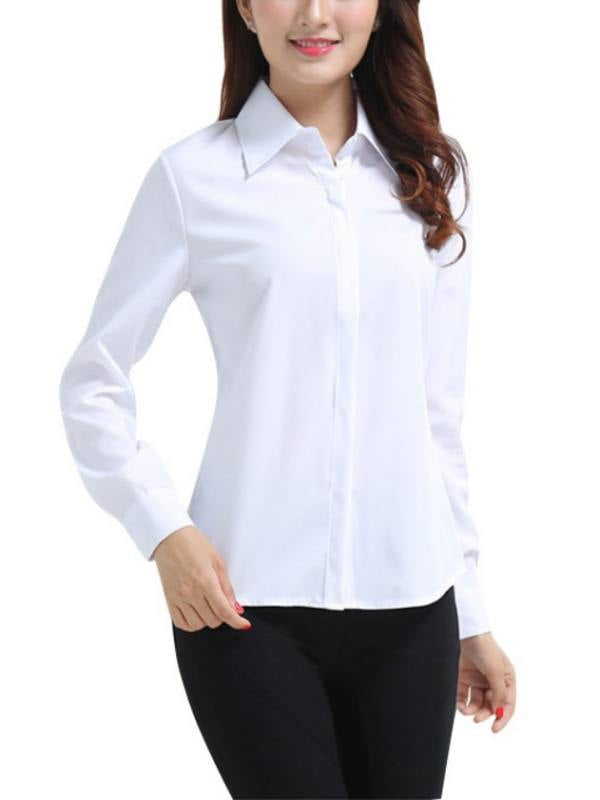 Uccdo Women Casual White Button Down Office Lady Turn Collar Blouse Shirts