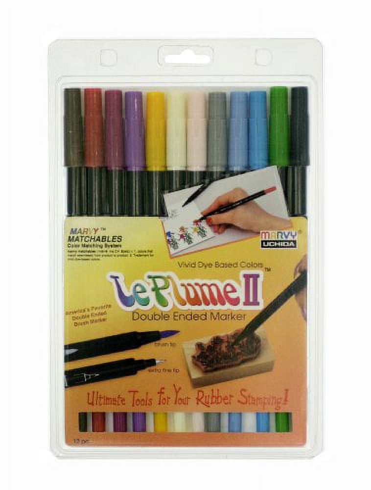 Uchida 1122-12A Le Plume II Double-Ended Markers with Brush and Fine Tips, Primary, Set of 12