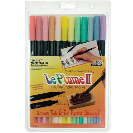 Uchida 1122-12B Le Plume II Double-Ended Markers with Brush and Fine Tips, Pastel, Set of 12