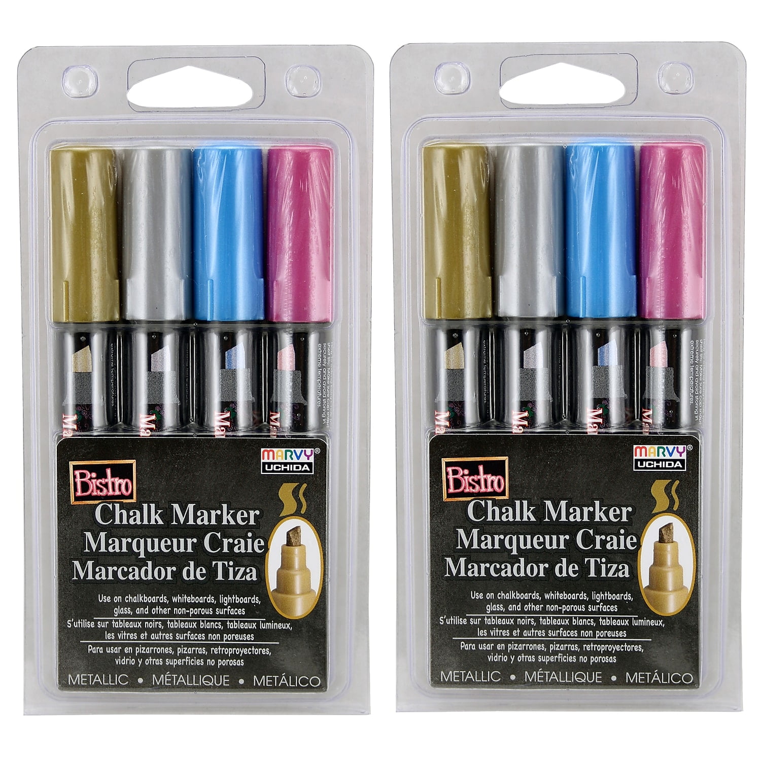 Marvy Uchida Bistro Chalk Markers, Chisel Tip, Silver, Gold, Blue, Red, 4 Per Pack, 2 Packs