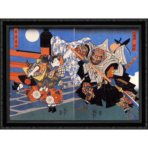 Uchiwakamaru fighting Benkei on Gojo bridge 36x28 Large Black Ornate Wood Framed Canvas Art by Utagawa Kuniyoshi