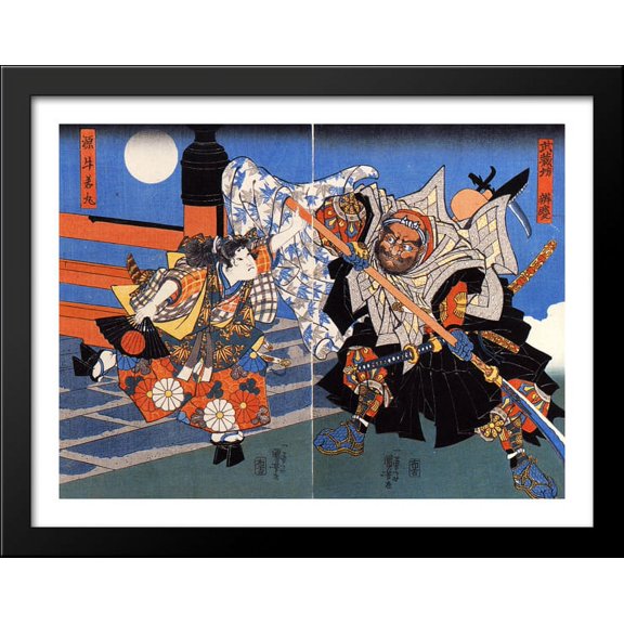 Uchiwakamaru fighting Benkei on Gojo bridge 36x28 Large Black Wood Framed Print Art by Utagawa Kuniyoshi