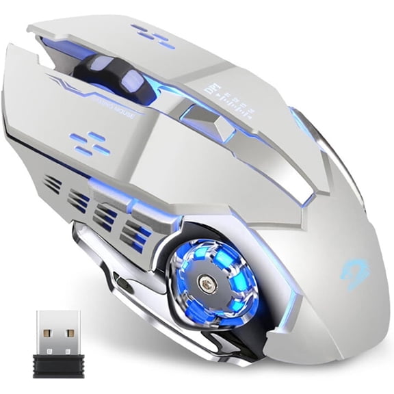 Uciefy Wireless Gaming Mouse 2.4G Optical LED Rechargeable Silent Mice Ergonomic Portable 6 Buttons with USB Receiver Silver