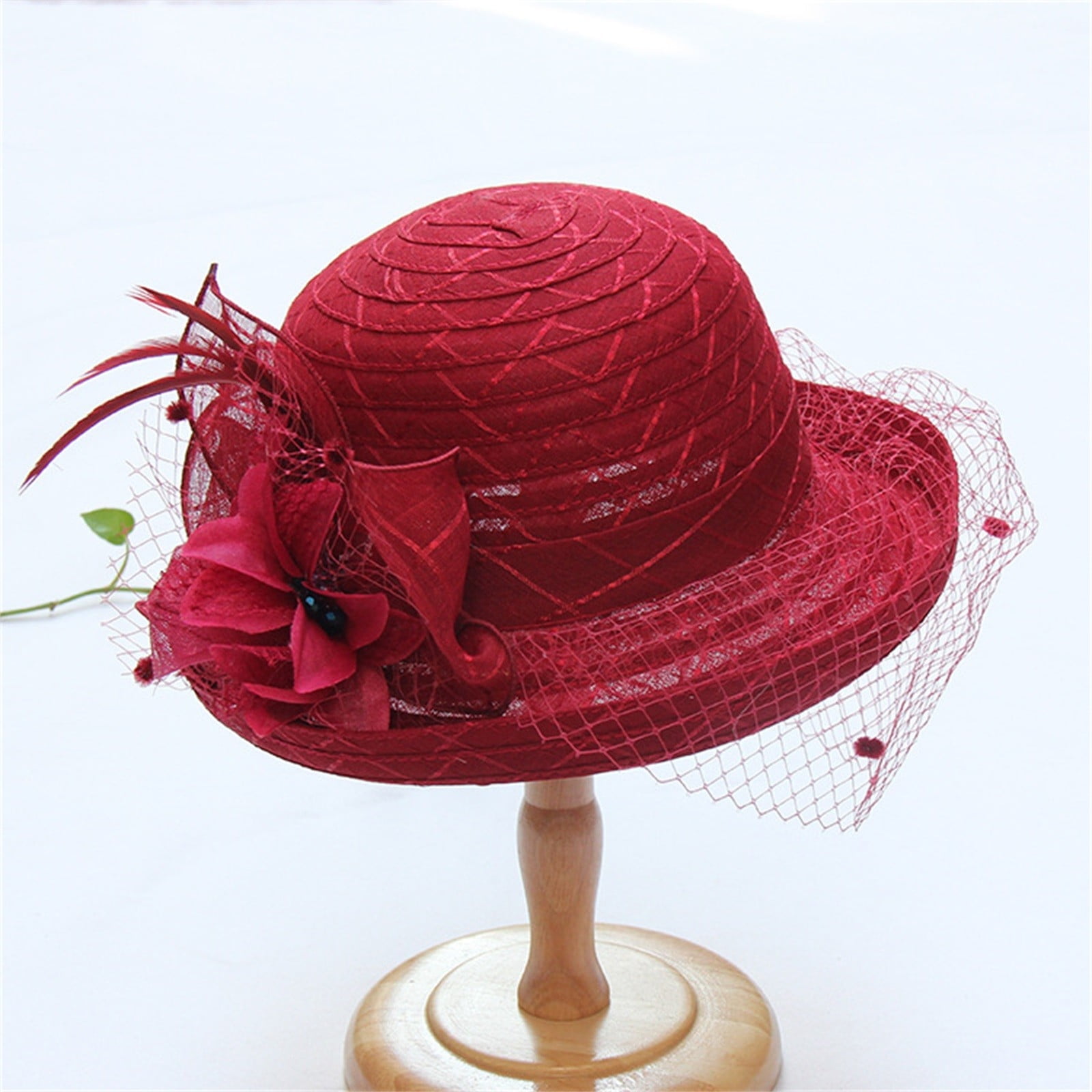 Uclet Ladies Hats for Church Ladies Sun Hat Occasion Event Organza Fancy Church Hat Tea Time Hat Wide Brim Hats for Women Dressy Hats for Women Red, image size:1600x1600