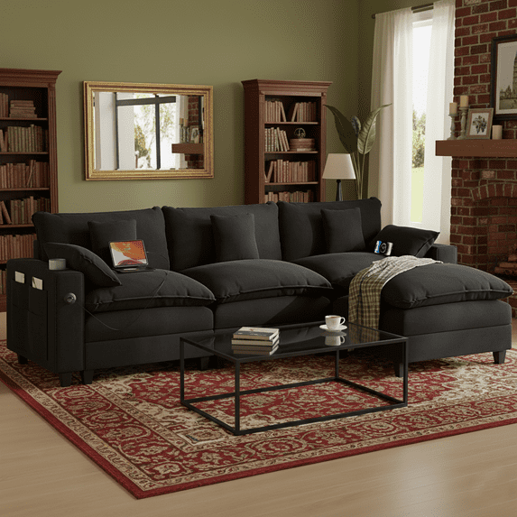 Ucloveria 116.5" L-Shaped Modular Sectional Couch With Ottoman, Cup Holders & Charging Ports - Chenille Cloud Couch, 4-Seat Deep Seat Sofa For Living Room, Apartment,Black