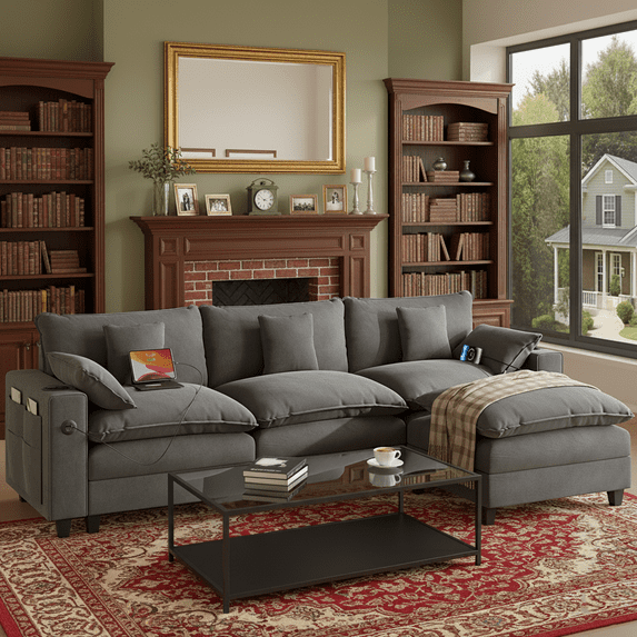 Ucloveria 116.5" L-Shaped Modular Sectional Couch With Ottoman, Cup Holders & Charging Ports - Chenille Cloud Couch, 4-Seat Deep Seat Sofa For Living Room, Apartment,Gray