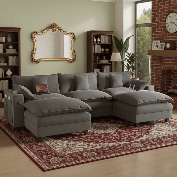 Ucloveria 116.5" U-Shaped Modular Sectional Couch With Ottoman, Cup Holders & Charging Ports - Chenille Cloud Couch, 5-Seat Deep Seat Sofa For Living Room, Apartment,Gray