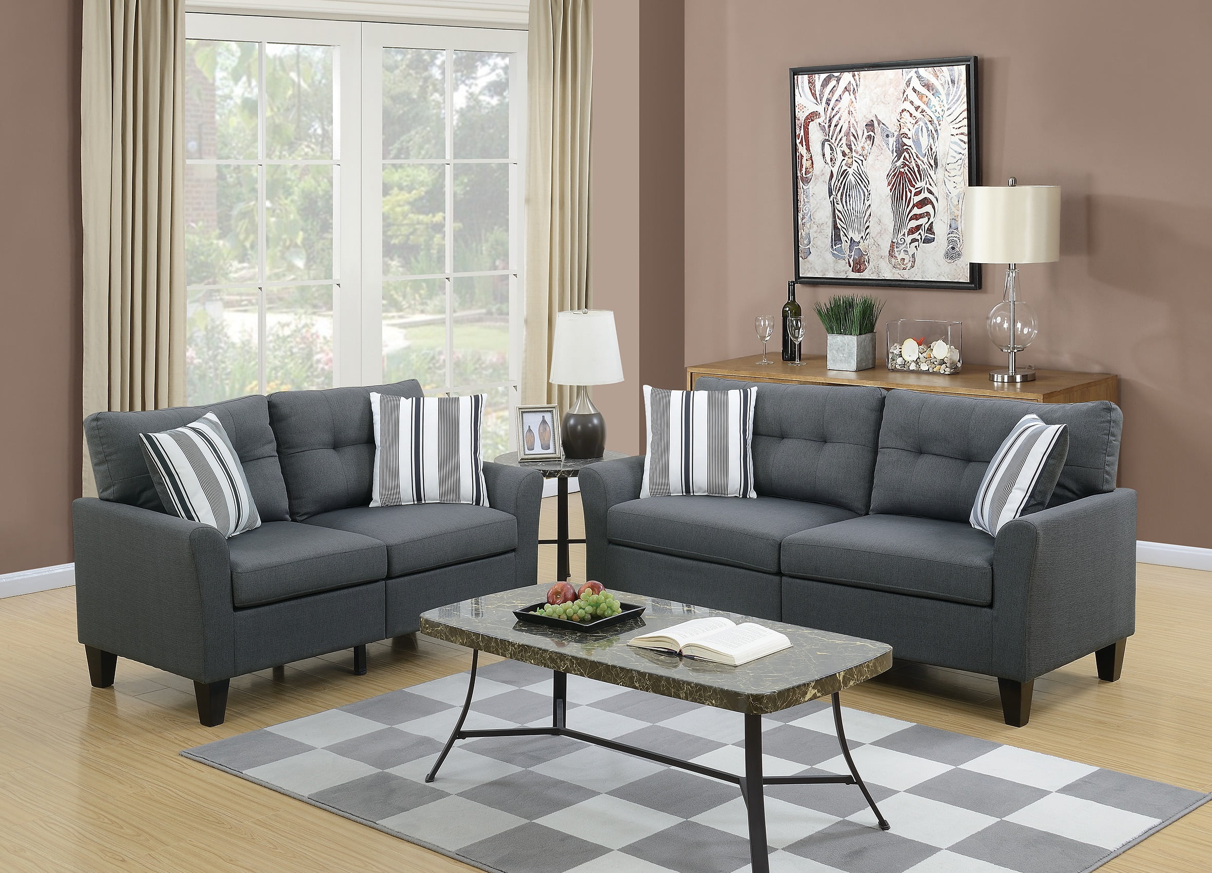 Charcoal Gray Polyfiber 2-Piece Sofa and Loveseat Set
