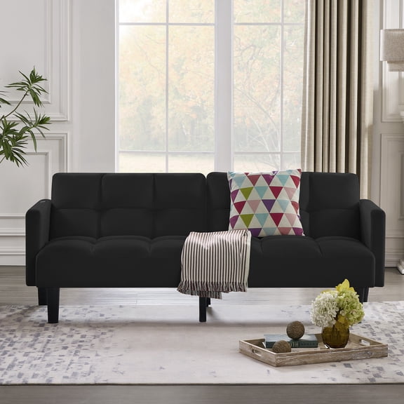 Ucloveria 3 Seat Convertible Futon Sofa - Adjustable Backrest (90°-180°), Mid-Century Design, 69" Sleeper Area, Multi-Functional for Living Space, Black