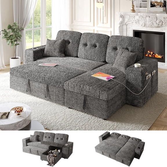Ucloveria 4 in 1 Sleeper Sofa Bed, 90 Inch Pull Out Couch Bed with Adjustable Backrest Reversible Storage Chaise Wide Armrest Tool Free Assembly, Sectional Couches for Living Room, Grey Chenille