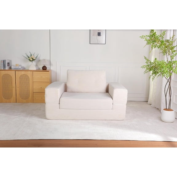 Ucloveria Beige Sofa Bed for Adults & Pets, Modern Human Dog Floor Couch with Pillow, Corduroy Fabric, Folding Sleeper Lounge, No Assembly Required, Boneless Couch for Living Room Bedroom