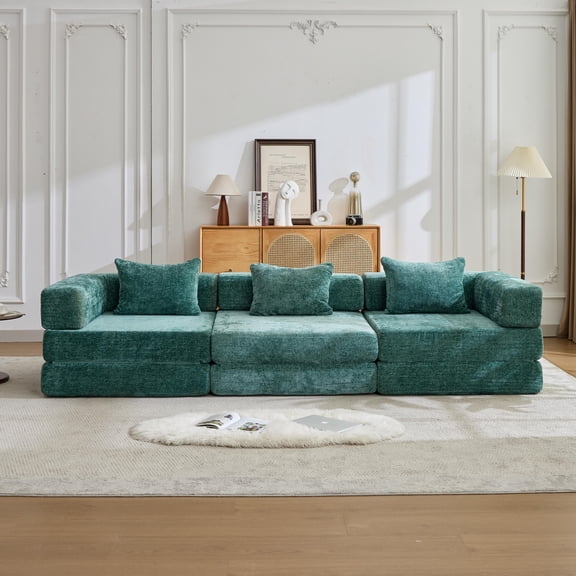 Ucloveria Compression Floor Sofa Bed, 3-Seat Convertible Modular Sectional Couch with Fixed-Shape Frame, Comfy Foldable Mattress Boneless Sleeper Couch, Convertible Sofa for Living Room, Dark Green