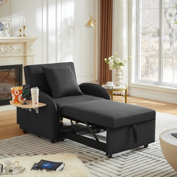 Ucloveria Convertible Sleeper Chair Bed, 3-in-1 Fabric Futon Sofa Bed with USB Port, Foldable Table, Pillow & Adjustable Backrest, Single Sleeper Sofa Small Couch Bed for Dorm Bedroom College, Black