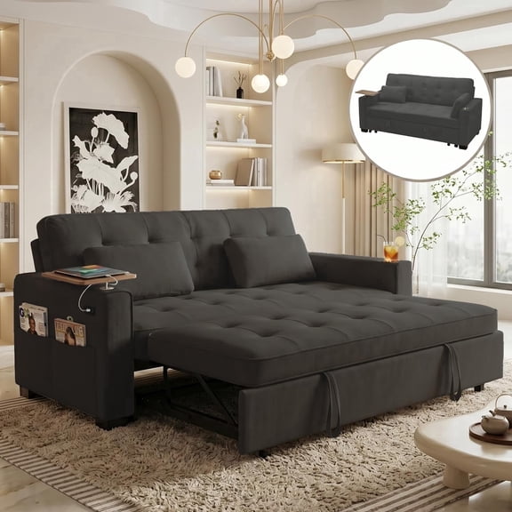 Ucloveria 73'' Convertible Sofa Bed with Pull-Out Sleeper, 6-Level Adjustable Backrest, USB Charging Port, Cup Holder & Side Table, Chenille Loveseat Couch for Living Room Apartment Guest Room, Black
