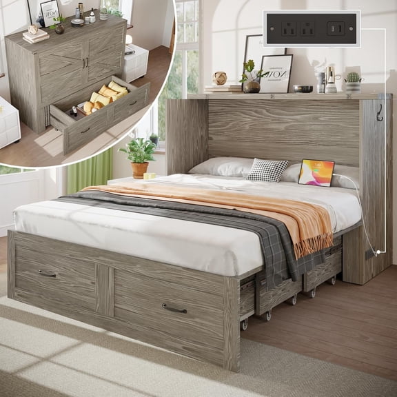 Ucloveria Full Size Murphy Cabinet Bed with Storage Drawer & Charging Station, Foldable Platform Bed Cabinet for Guest Room, Living Room, Office, Apartment or Small Space, Gray