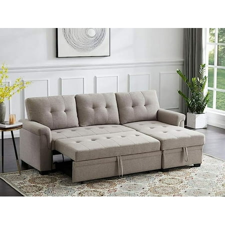 Ucloveria Linen Reversible Sleeper Sectional Sofa with Storage Chaise, L-Shape Design