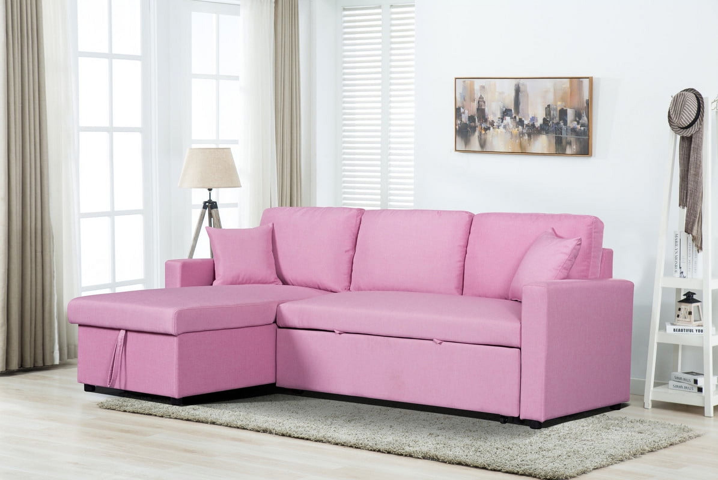Ucloveria Pink Linen Fabric Reversible Sleeper Sectional Sofa with