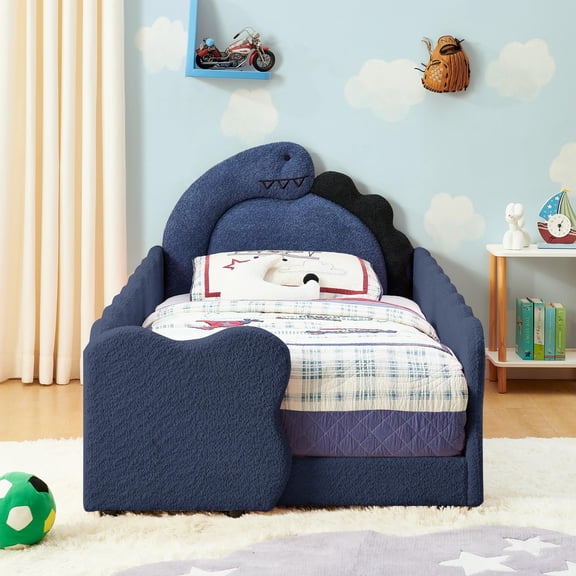 Ucloveria Twin Size Upholstered Platform Bed Frame with Cute Dinosaur-Shaped Headboard, for Boys and Girls, Boucle Bed with Thickened Guardrail and Slats, No Box Spring Required, Easy Assembly, Blue