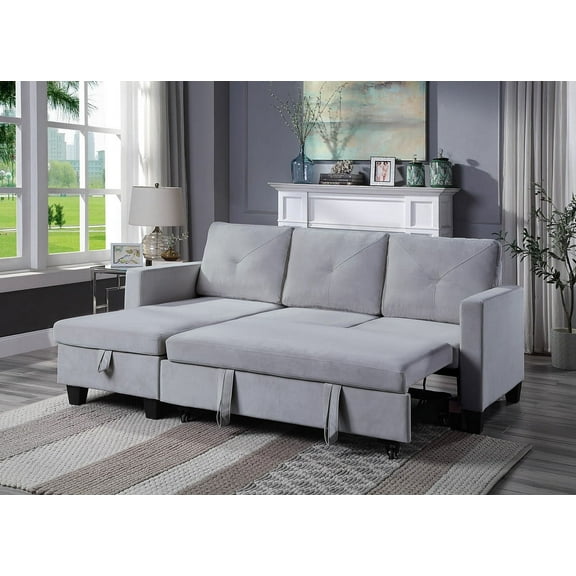 Ucloveria Velvet Reversible Sleeper Sectional Sofa with Storage Chaise for Home, Apartment, 3-Seat