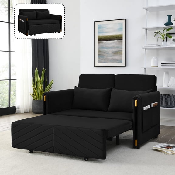 Ucloveria Velvet Sofa Bed, 54" Modern Convertible Loveseat with 2 Pillows and Detachable Side Pockets, Velvet Small Loveseat Sofa Bed for Livingroom (Black)