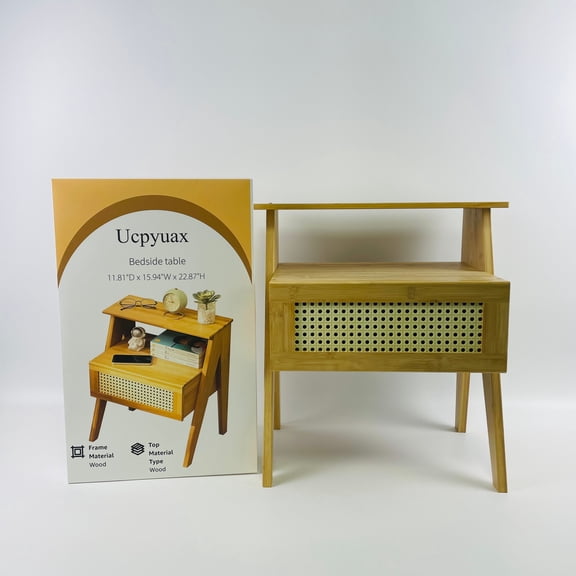 Ucpyuax Bedside table, Cane Accent Bedside End Table with Solid Wood Legs for Bedroom, Dorm and Small Spaces - 11.81"D x 15.94"W x 22.87"H(Natural)