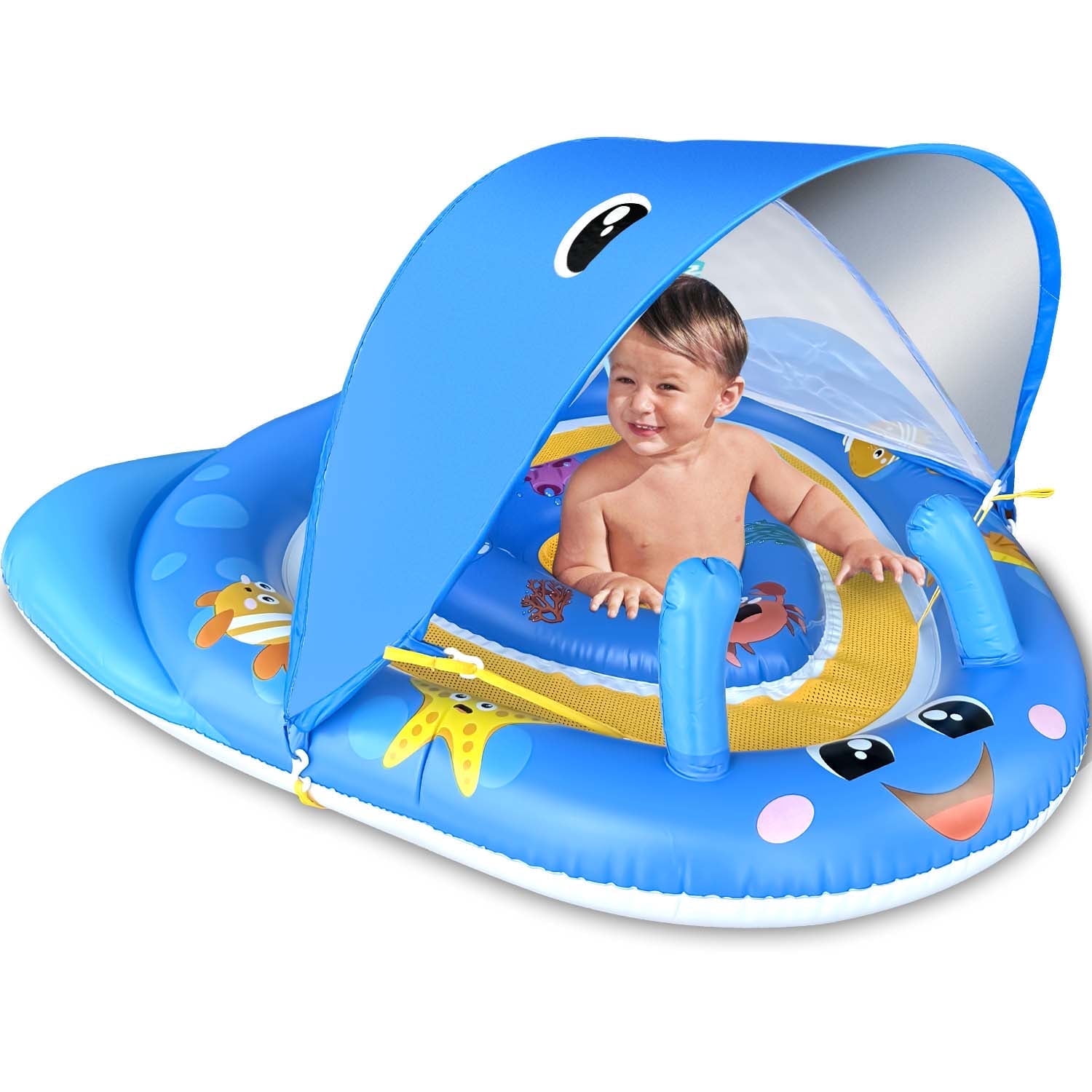 GVDV Baby Pool Float with Canopy UPF50+ Sun Protection, 6-24 Months Inflatable Infant Swimming Ring with Adjustable Safety Seat