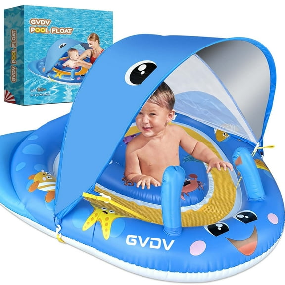 GVDV Baby Pool Float with Canopy UPF50+ Sun Protection, 6-24 Months Inflatable Infant Swimming Ring with Adjustable Safety Seat