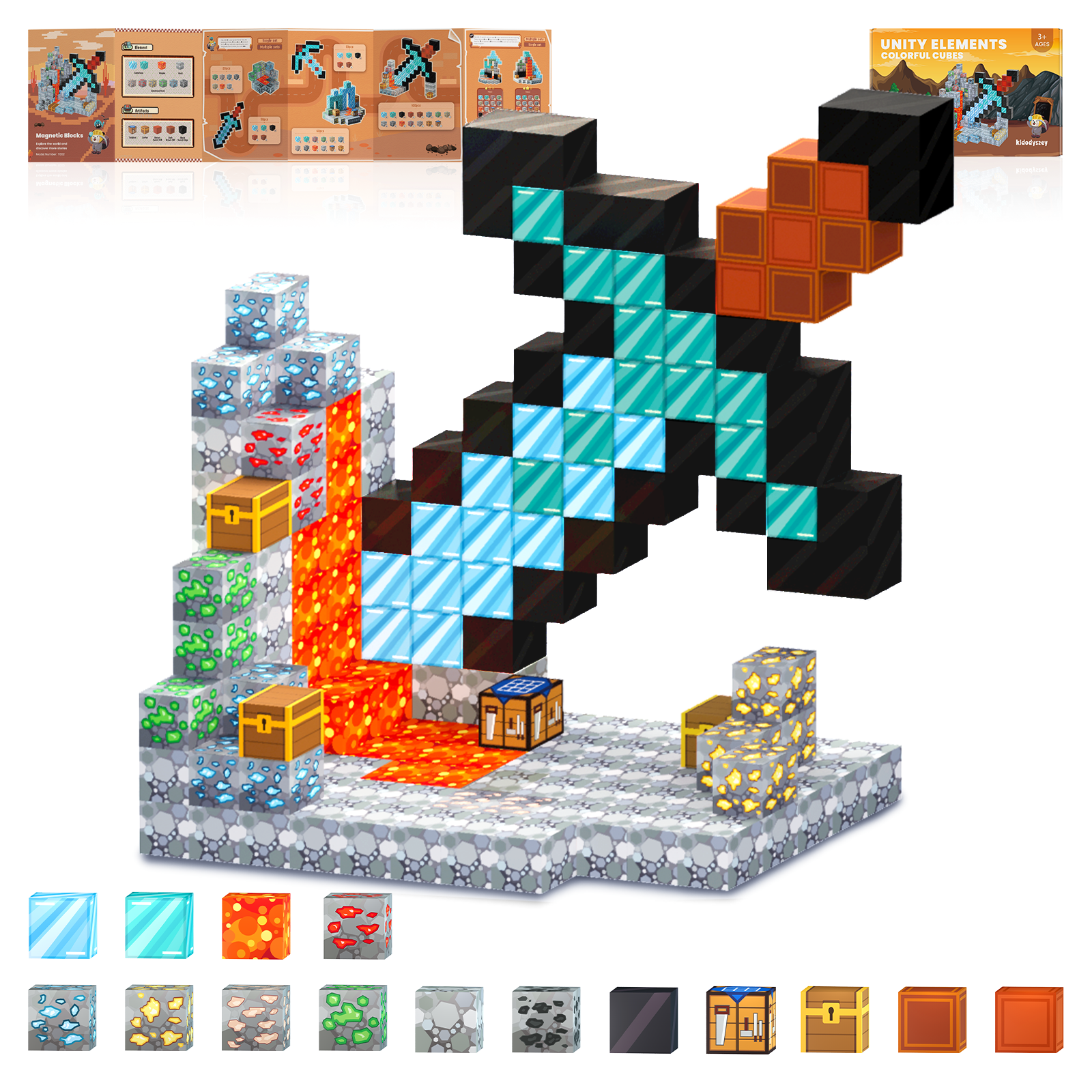 Mine Ucradle Magnetic Blocks, 3D Mine Sword Caverns Building Set, 100