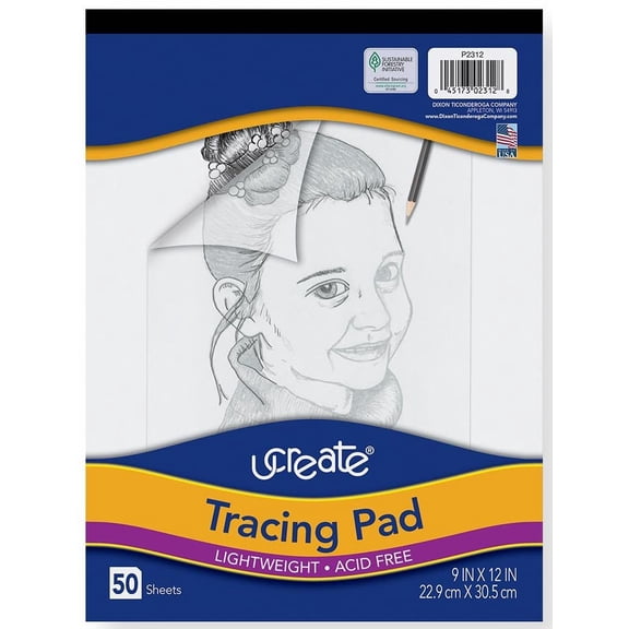 Ucreate P2312 Tracing Pad, 9 x 12 Inches, White, 50 Sheets; Semi-Transparent Standard Grade Tracing Paper in Pad Format