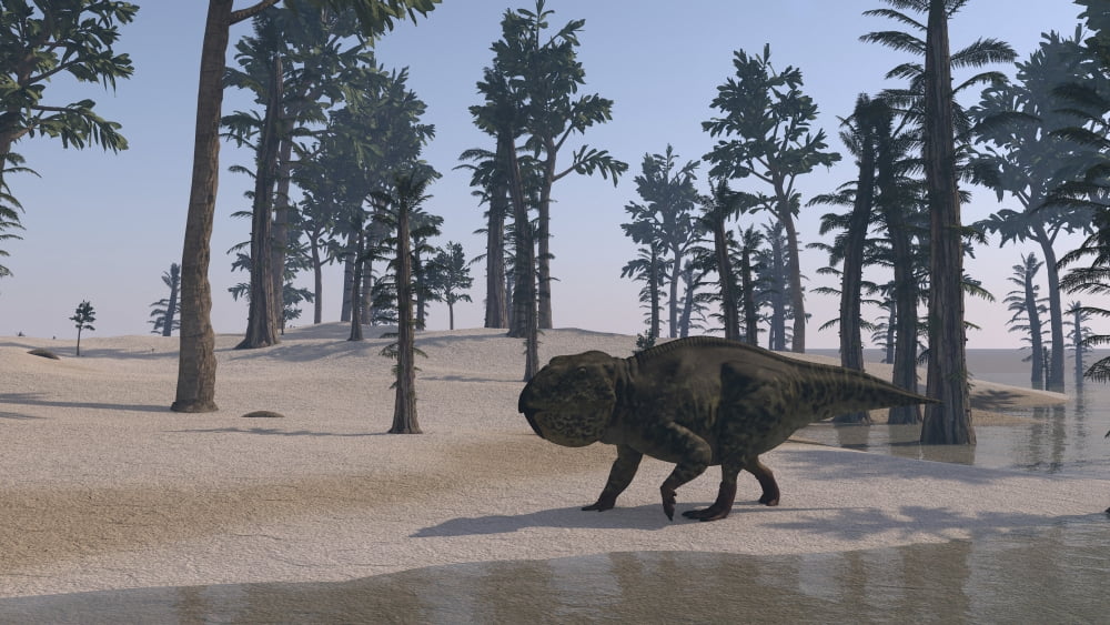 Udanoceratops walking along the waters edge Canvas Art - Kostyantyn IvanyshenStocktrek Images (19 x 11)