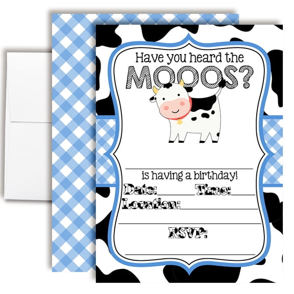 Udderly Adorable Blue Gingham Cow Birthday Invitations for Kids, 20 Fill-In Cards with Envelopes, 5x7 Children's Birthday Party Invitations, Birthday Party Supplies, Made in USA by Amanda Creation