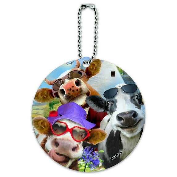 Udderly Cool Cow Farm Selfie Round Luggage ID Tag Card Suitcase Carry-On
