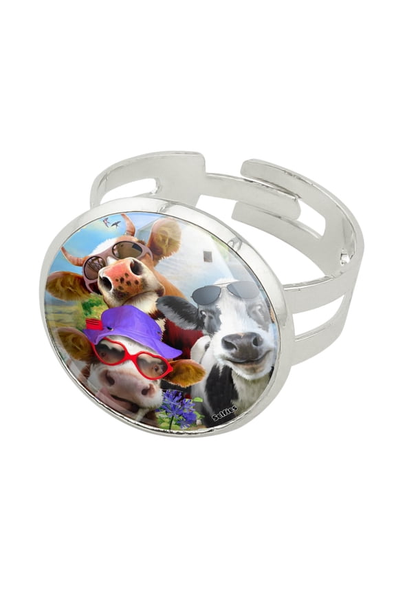 Udderly Cool Cow Farm Selfie Silver Plated Adjustable Novelty Ring