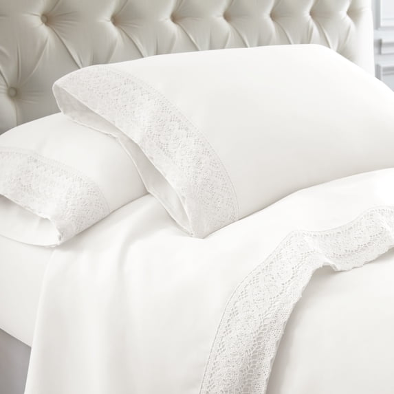 Udine 4 Piece King Size Microfiber Sheet Set with Crochet Lace The Urban Port, White - Saltoro Sherpi