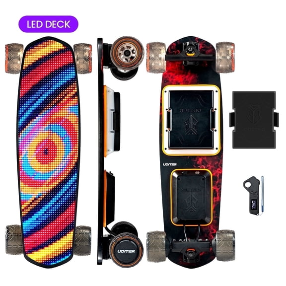 Uditer Pixel Mini Electric Skateboard with Remote, Full-Deck LED Display, 28 MPH Top Speed, 13-26 Miles Range, Dual 600W Motors, Quick-Swap Battery, App Control, for Adults & Beginners