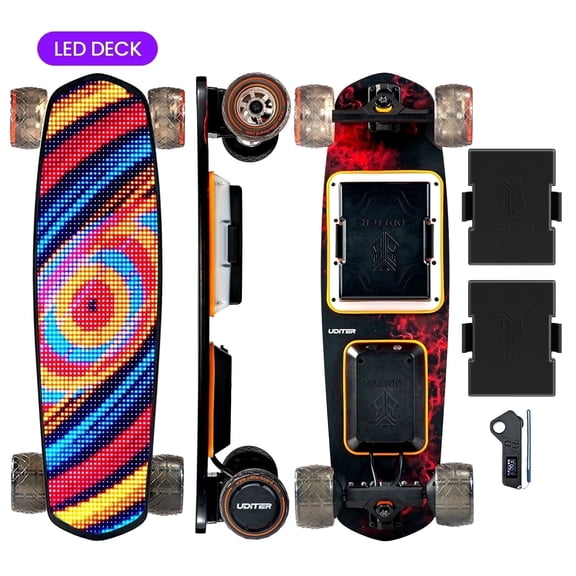 Uditer Pixel Mini Electric Skateboard with Remote, Full-Deck LED Display, 18 MPH Top Speed, 13-26 Miles Range, Dual 600W Motors, Quick-Swap Battery, App Control, for Adults & Beginners