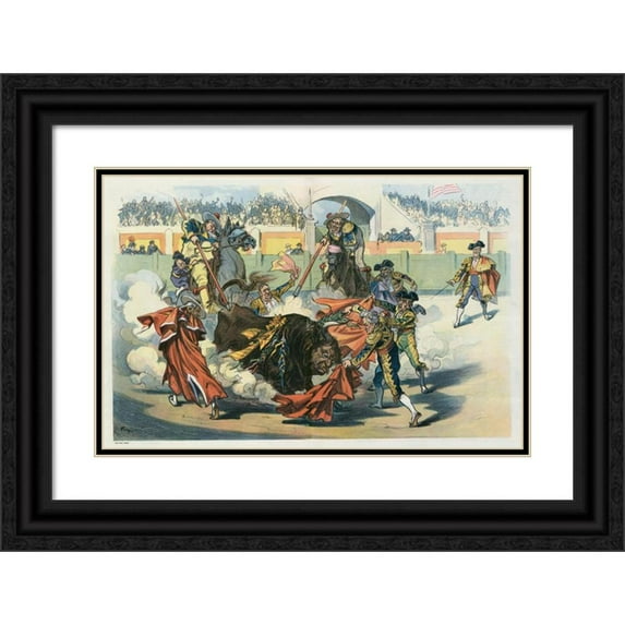 Udo Keppler 24x17 Black Ornate Framed Double Matted Museum Art Print Titled: The Great American Bull-Fight (1912)
