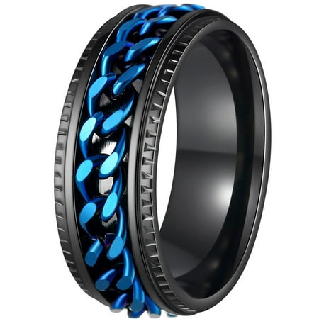 Udolfly Mens Fidget Rings Anxiety Rings for Men Womens Chain Spinner Rings for Adults Titanium Steel Ring Black Blue Size 9