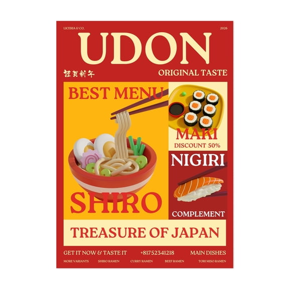 Udon poster - Typography Vintage Poster Japanese Food Ramen Sushi Unframed Wall Art Print 4 x 6 inches