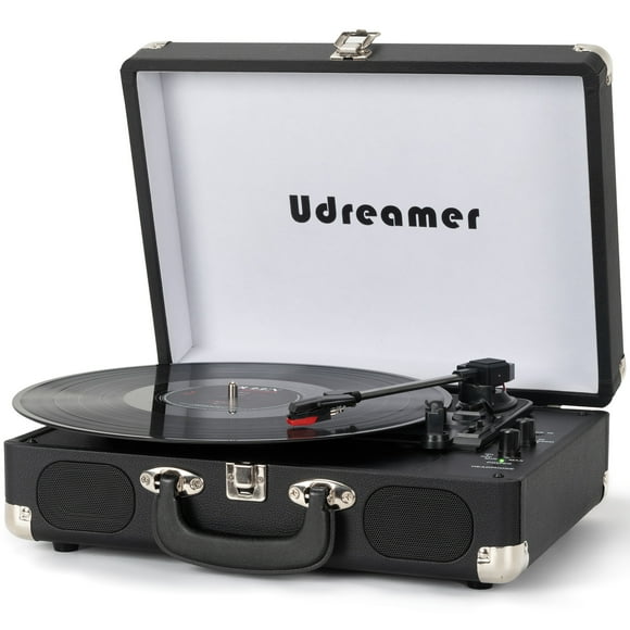 Udreamer Bluetooth Portable Suitcase Record Player with 3-speed Turntable & Built-in Speakers | Black