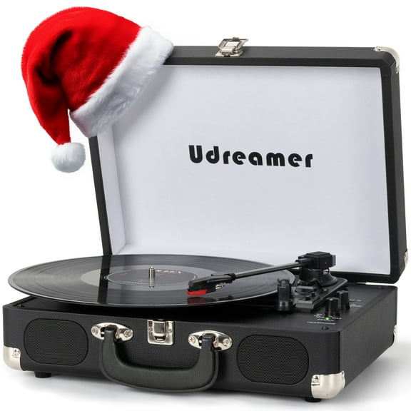 Udreamer Bluetooth Portable Suitcase Record Player with 3-speed Turntable & Built-in Speakers | Black