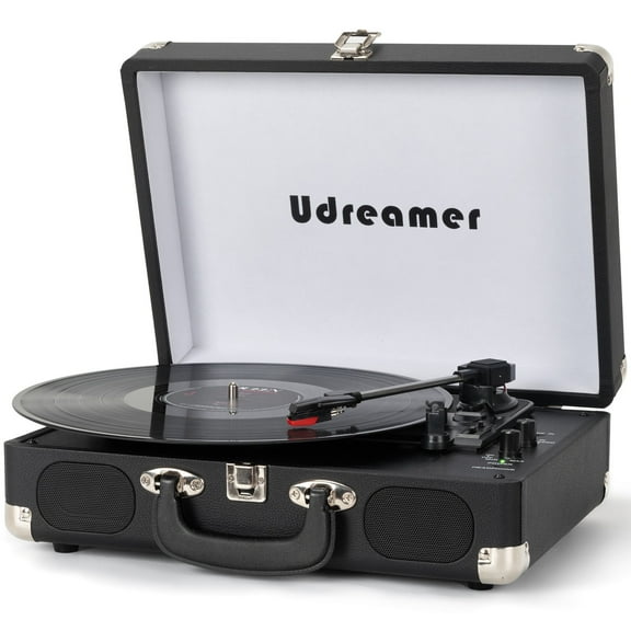 Udreamer Bluetooth Portable Suitcase Record Player with 3-speed Turntable & Built-in Speakers | Black