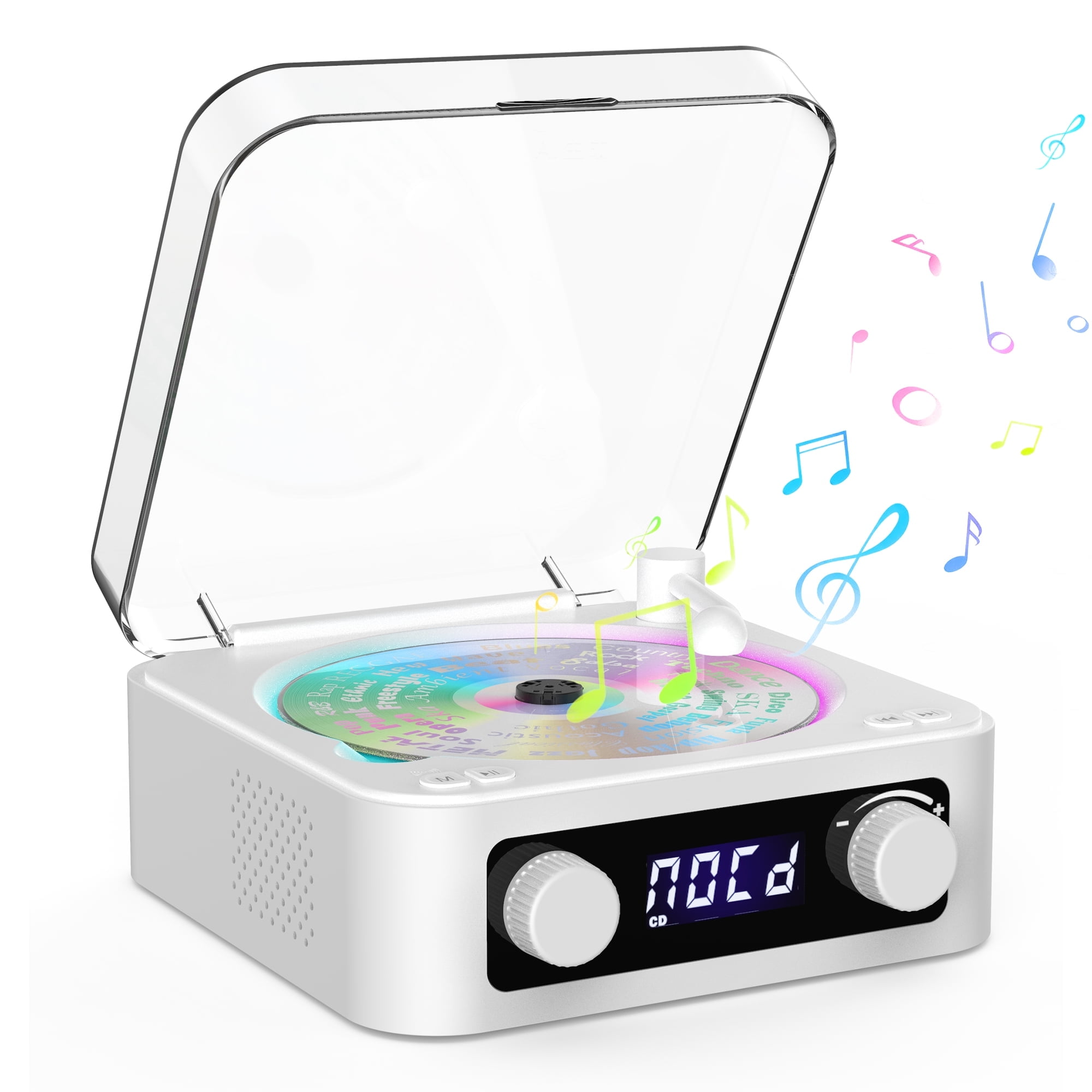 Udreamer Digital Portable CD Players for Home, with Bluetooth &Hi-Fi Stereo Speakers,FM &Remote Control | Lighting,White