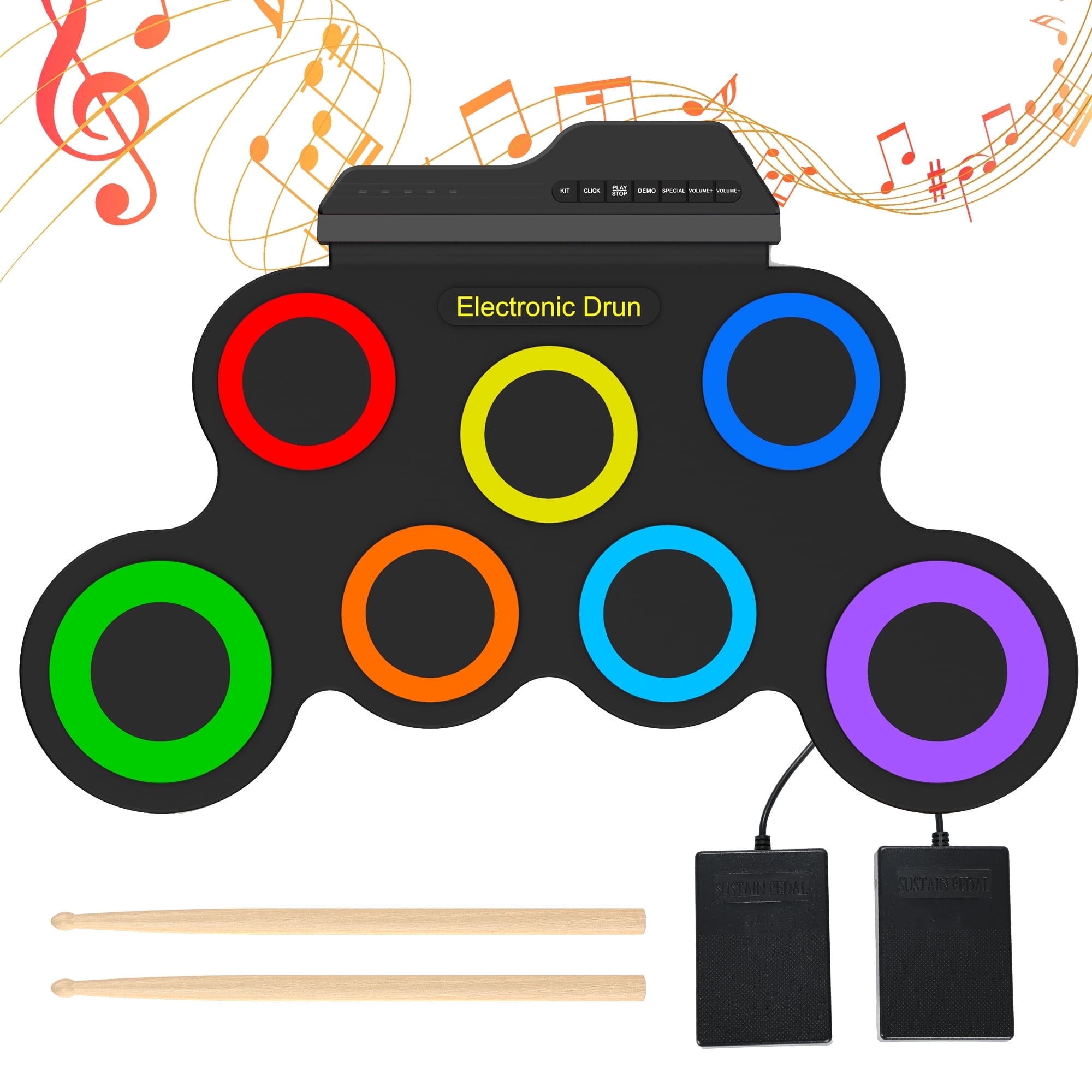 Udreamer Electric Drum Set, 7-Pad Bluetooth Portable Electronic Drum Pad,Christmas Holiday Birthday Gift,Rainbow