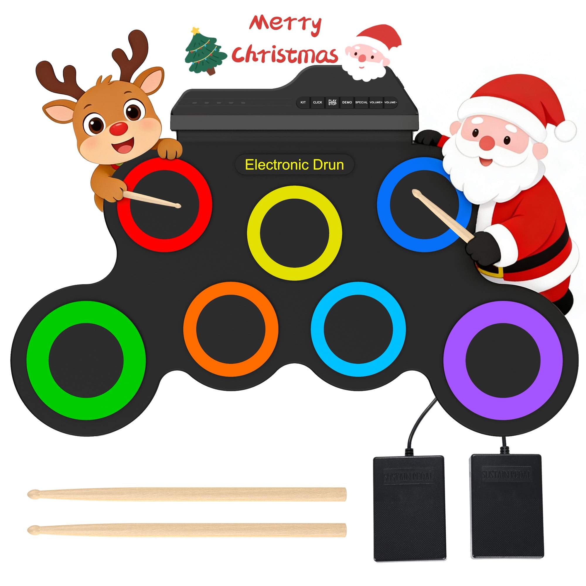 Udreamer Electric Drum Set, 7-Pad Bluetooth Portable Electronic Drum Pad,Christmas Holiday Birthday Gift,Rainbow