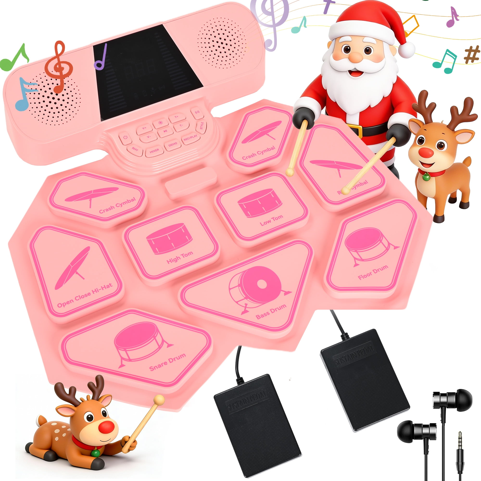 Udreamer Electronic Drum Set, 9 Pads with LED Lights, Bluetooth Portable, Built-in Speakers, Pink
